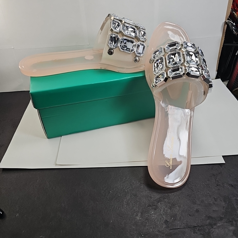 LAUREN LORRAINE Jade Flat Sandal Nude Jewel Embellished Women’s Size 8.5 NWB